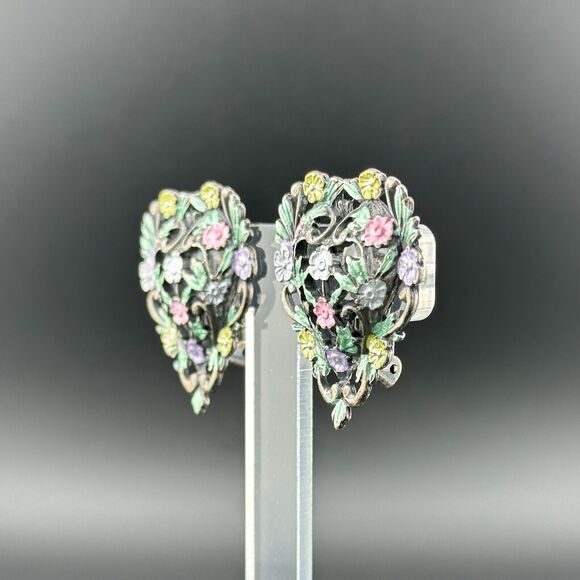Vintage Silver Filigree Painted Flowers Heart Clip-on Earrings Puffy 1 3/8 - Picture 11 of 13